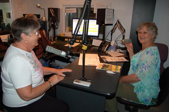Sandra Hall (right) having fun promoting ABMSH on Valley Heritage Radios' Senior Show.